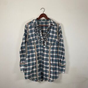 APART Plaid Tunic Top Long Sleeve Ruffle Trim Button Down Shirt women's 10